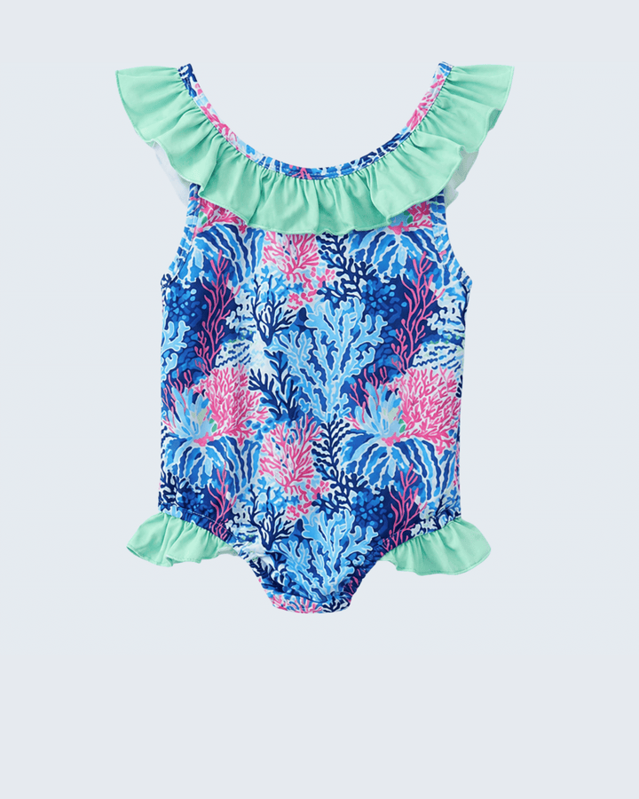 Girls Blue Marine Creature Print Swimsuit