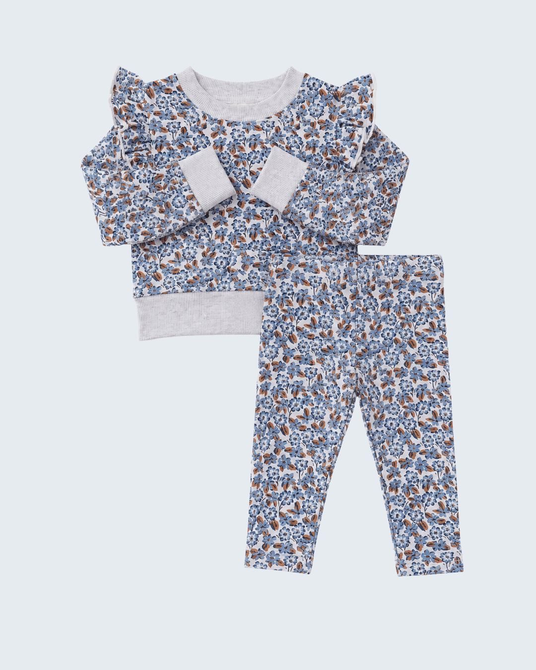 Two-piece ruffle French terry set with blue and white floral top and matching pants