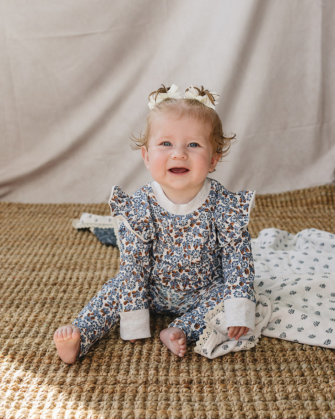 Blue floral ruffle long-sleeve top and matching pants set for baby girl