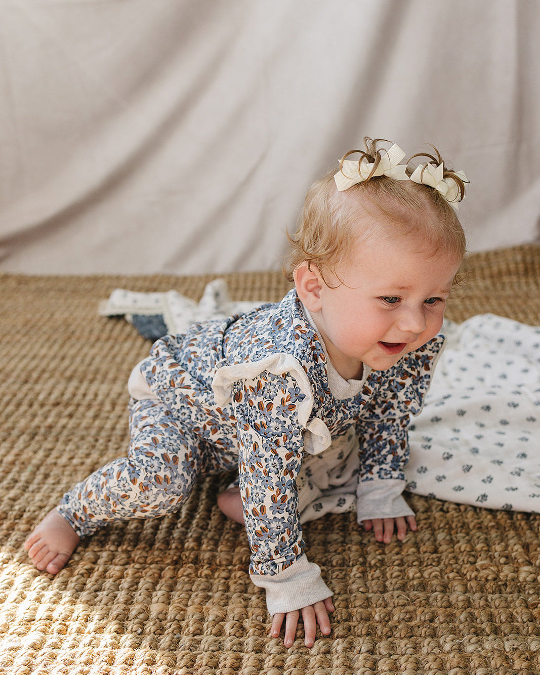 Blue floral ruffle long-sleeve outfit set with matching pants, baby girl