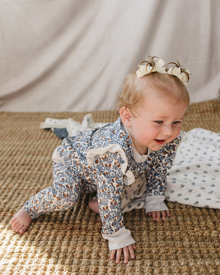 Blue floral ruffle long-sleeve outfit set with matching pants, baby girl