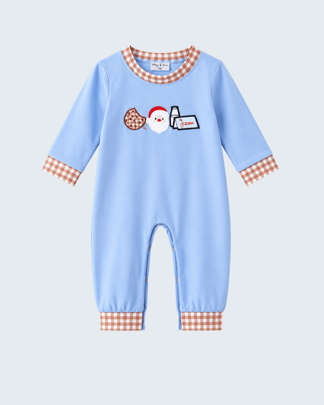 Light blue baby romper with Santa, cookie and bottle appliques; plaid trim