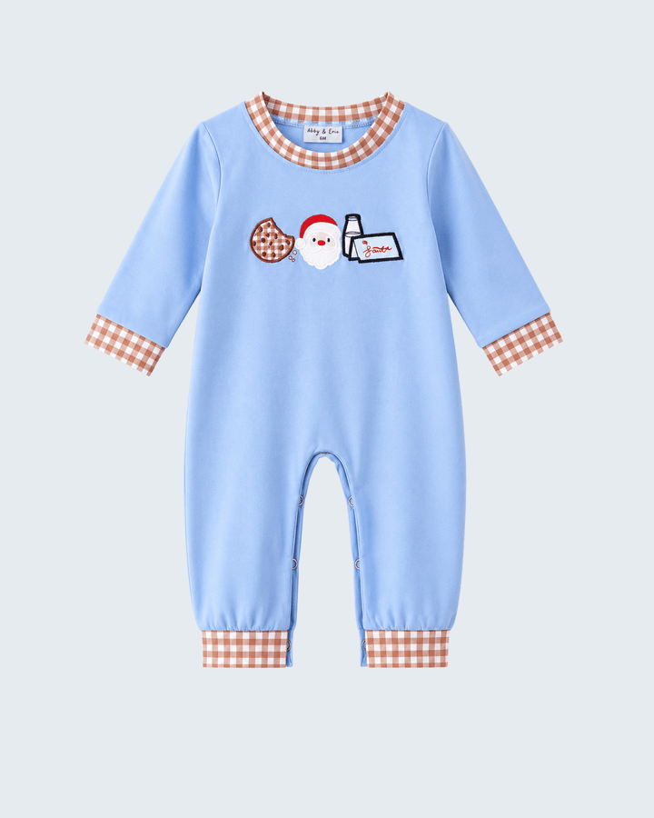 Light blue baby romper with Santa, cookie and bottle appliques; plaid trim