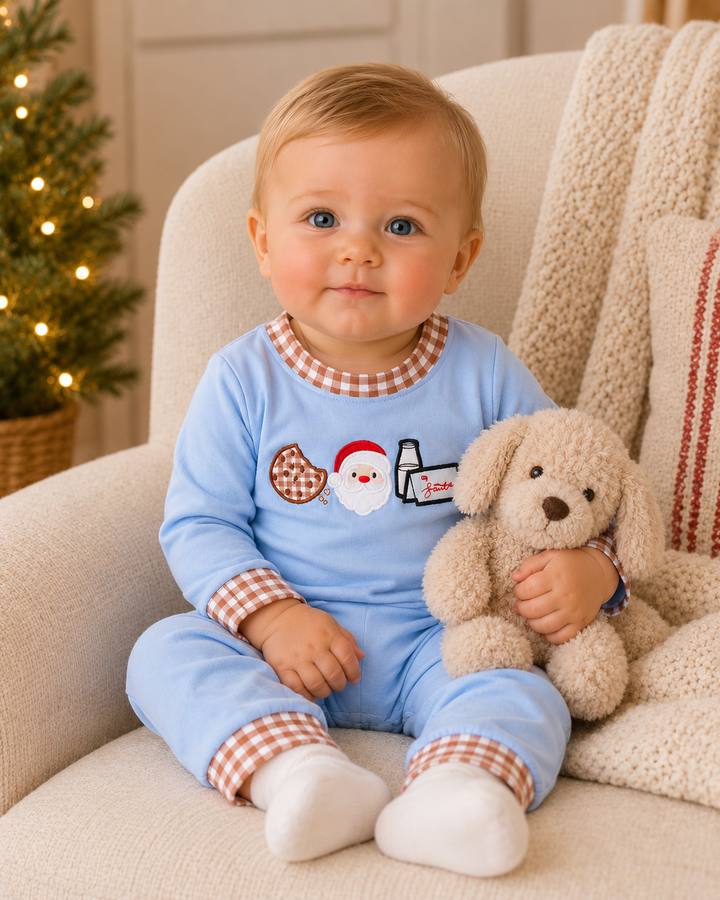Light blue baby romper with Santa face and cookie/bottle appliques, plaid cuffs
