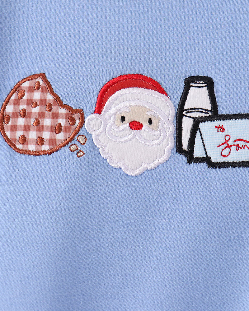 Light blue Santa-themed baby romper with applique face, red hat, cookies and bottle