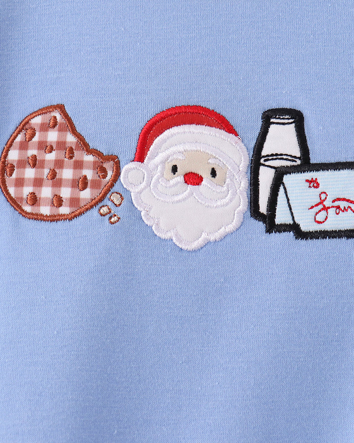 Light blue Santa-themed baby romper with applique face, red hat, cookies and bottle