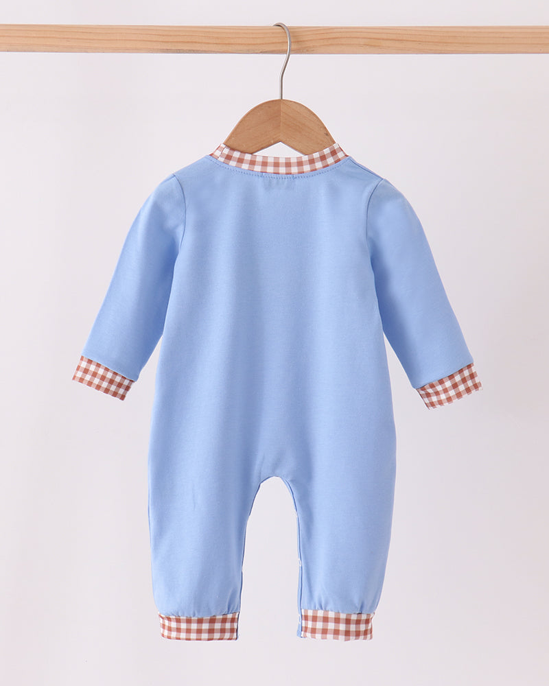 Light blue long-sleeve baby romper with orange-and-white plaid cuffs