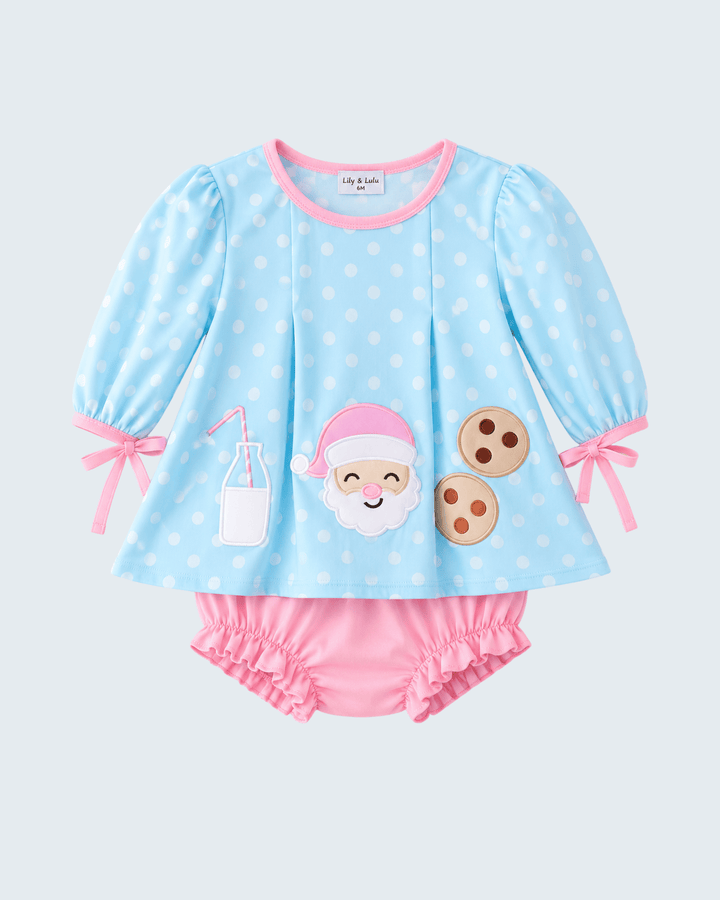 Blue Milk &amp; Cookies Santa Ruffle Bloomer Set