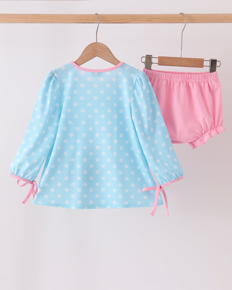 Blue dotted dress with pink trim and tie cuffs; pink bloomer shorts set