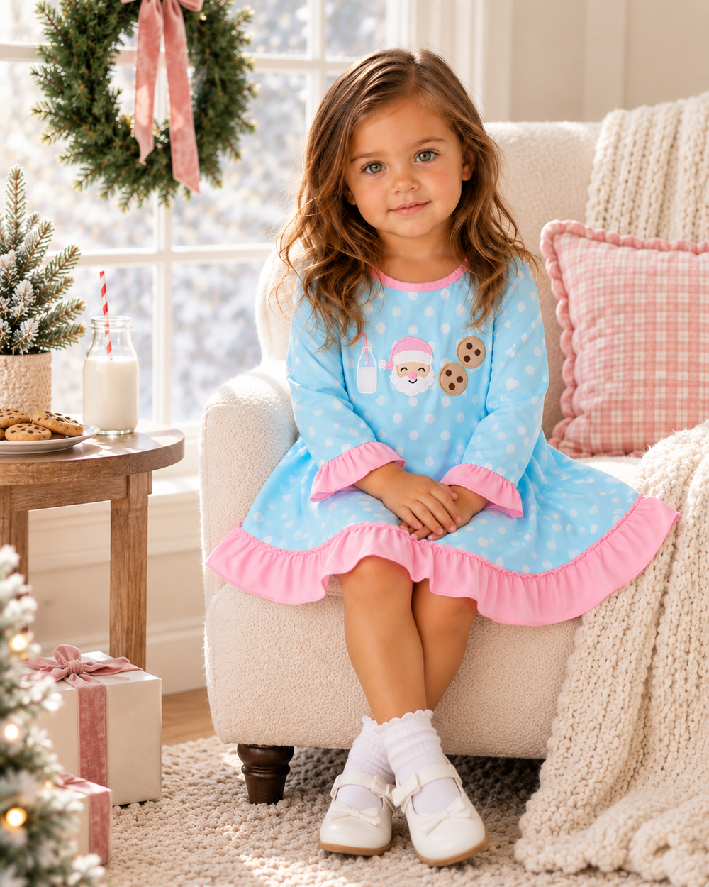 Toddler girl is wearing a Blue Milk & Cookies Santa Ruffle Dress