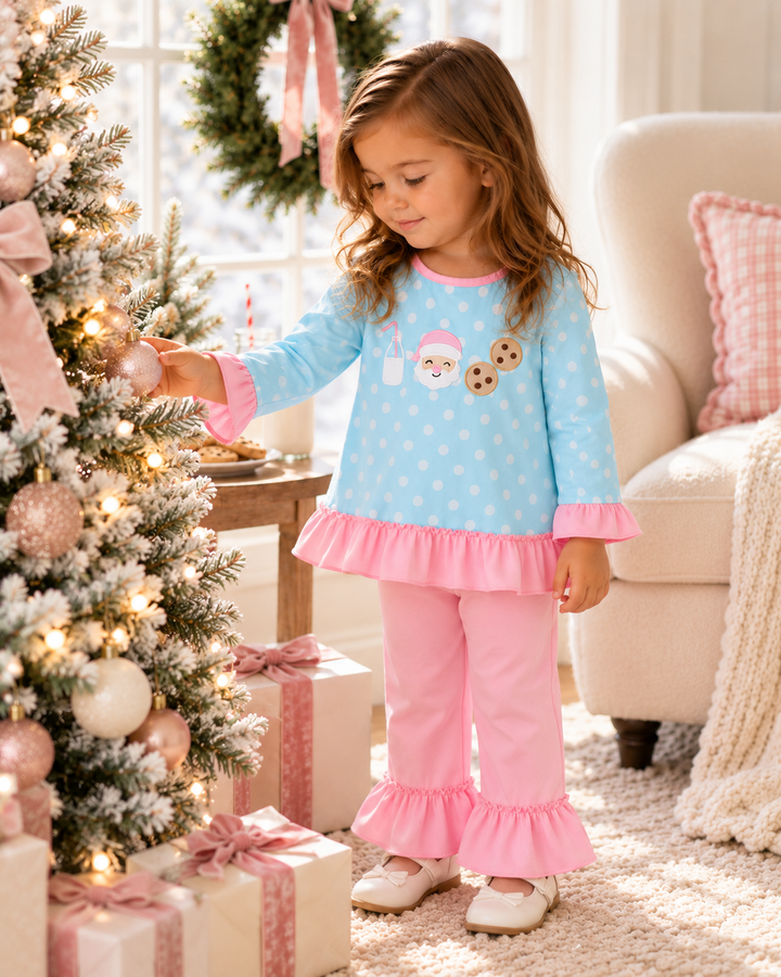 toddler girls is wearing a Blue Milk &amp; Cookies Santa Ruffle Pants Set