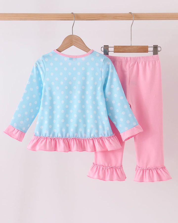 Kids ruffle pants set: light blue dotted top with pink trim and cuffed pink pants