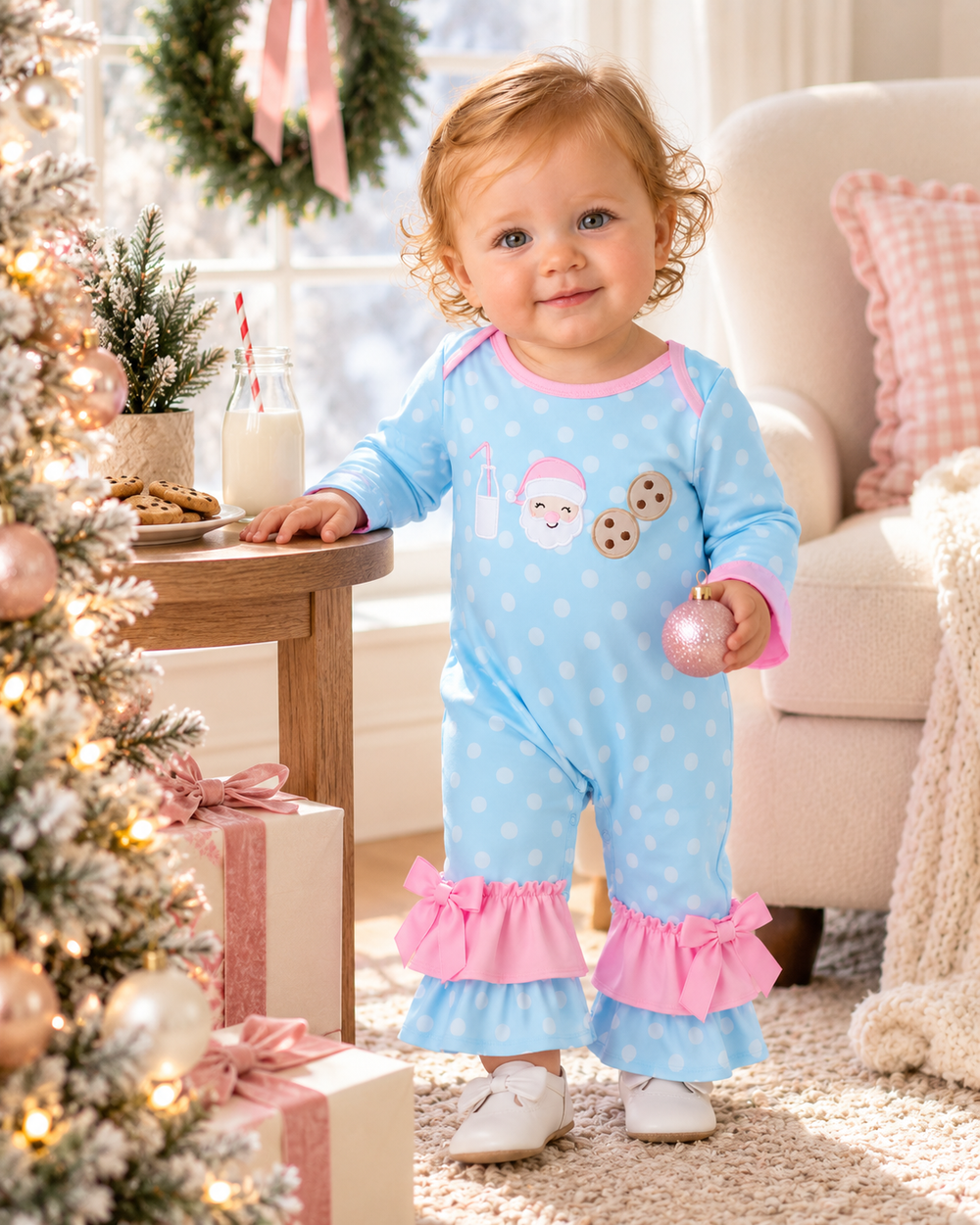 Baby girls is wearing a Blue Milk & Cookies Santa Ruffle Romper