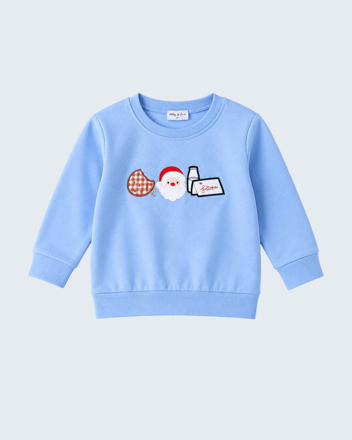 Light blue baby sweatshirt with Santa face, cookie, and milk bottle embroidery