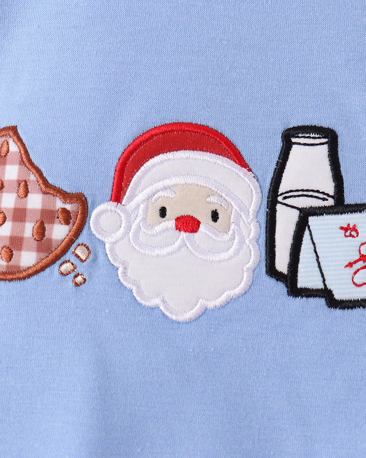 Light blue toddler sweatshirt with Santa and cookie/milk graphic patches