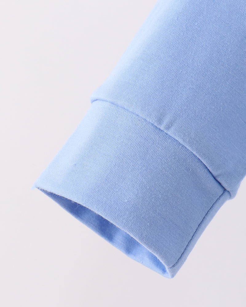 Light blue sweatshirt sleeve with ribbed cuff and stitched hem