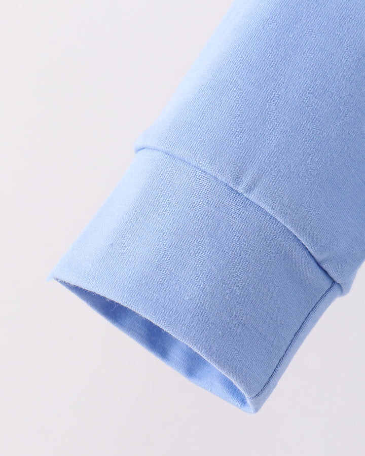 Light blue sweatshirt sleeve with ribbed cuff and stitched hem