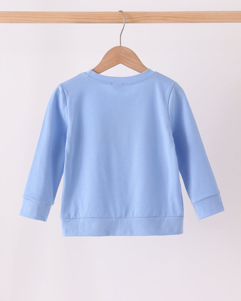 Light blue toddler sweatshirt back view with crew neck and long sleeves
