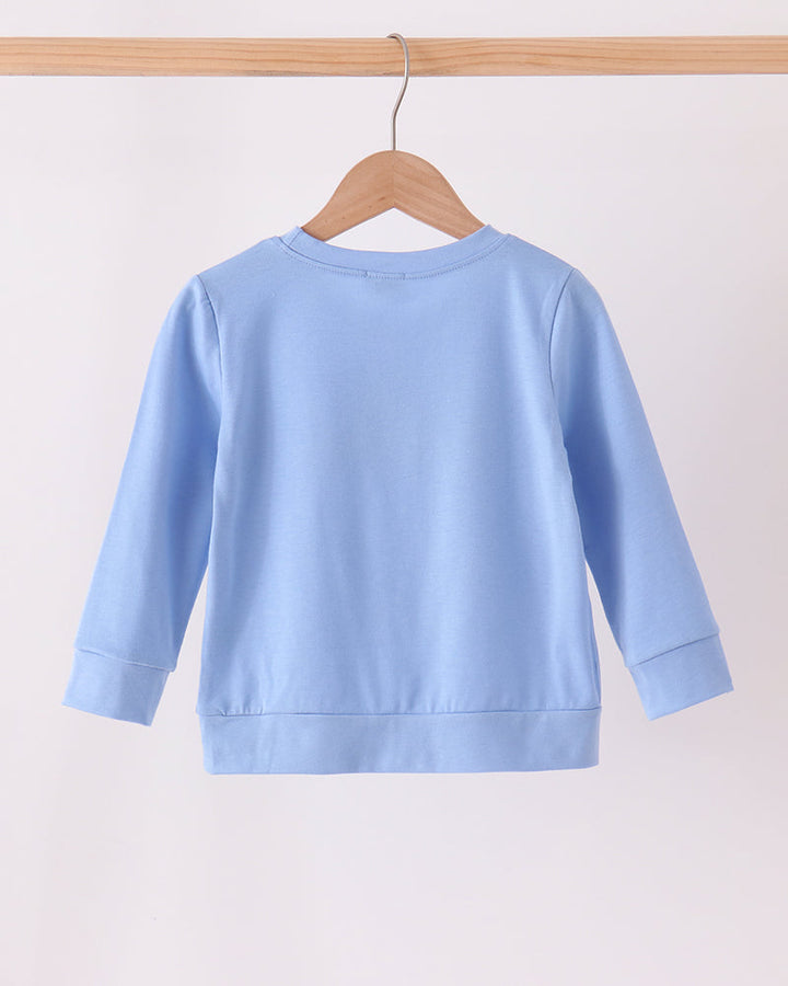 Light blue toddler sweatshirt back view with crew neck and long sleeves
