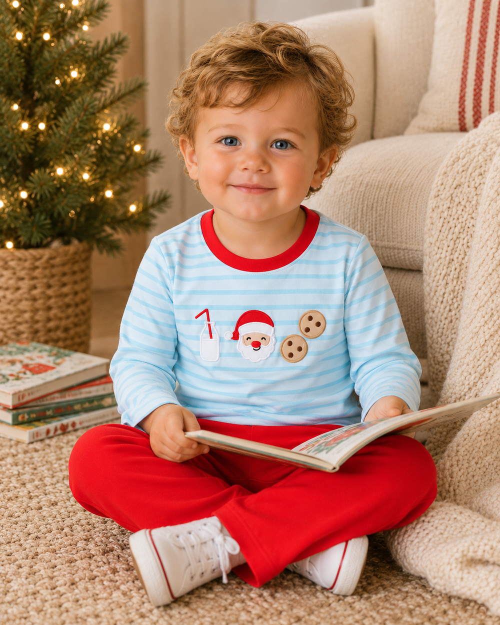 Kids' pajama set in light blue stripes and red pants, Santa and cookies print