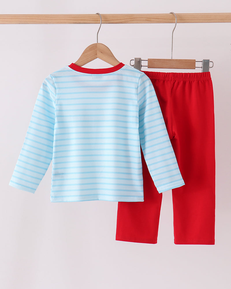 Light blue striped long-sleeve shirt and red pajama pants set