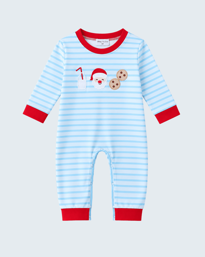 Light blue striped baby romper with red collar and Santa cookie graphics