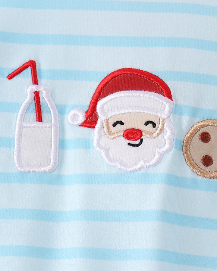 Light blue striped baby romper with red trim and Santa face applique