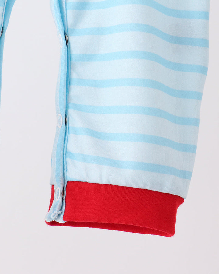 Light blue striped baby romper leg with red waistband-style cuff trim