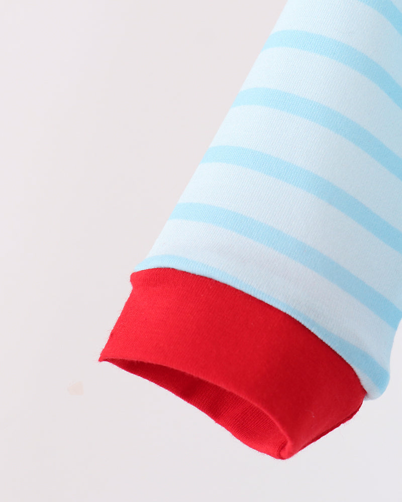 Light blue striped baby romper with red ankle cuffs