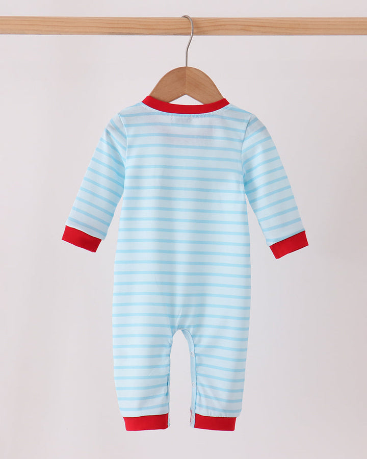 Back view of light blue striped baby romper with red cuffs