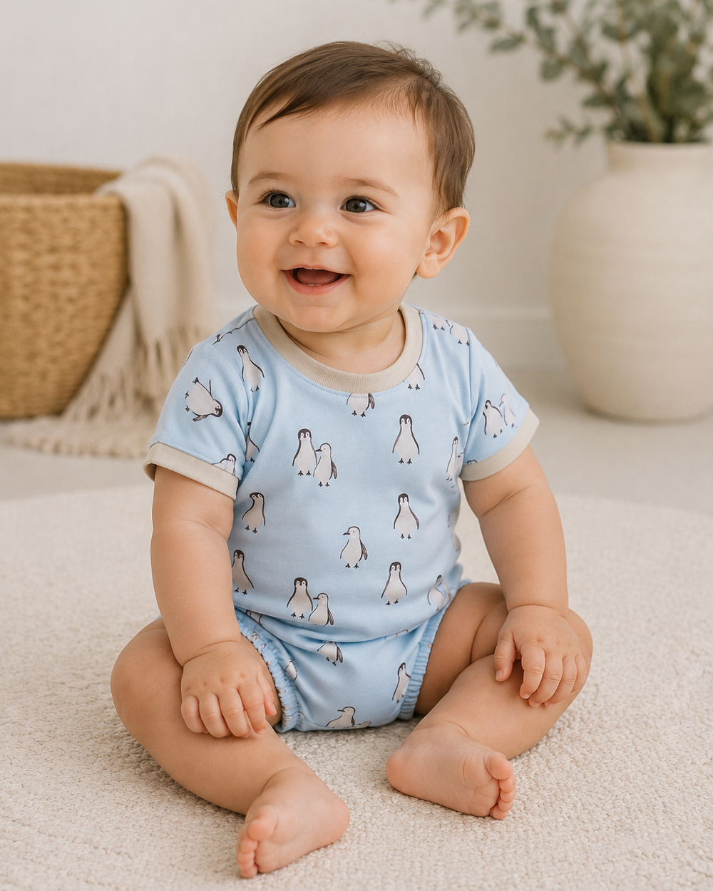 Baby sitting on a carpeted floor wearing a light blue onesie with animal prints.