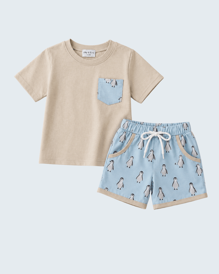 Blue Penguin Print Shorts Set for boys