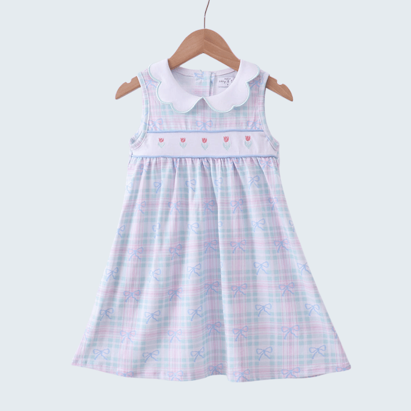 Blue Plaid Bow Floral Dress