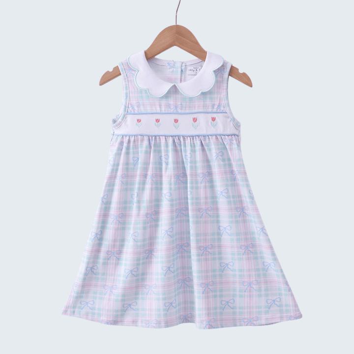 Blue Plaid Bow Floral Dress