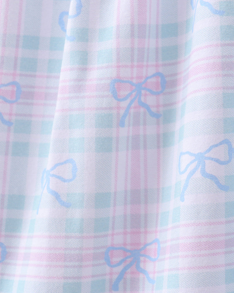 Blue Plaid Bow Floral Dress