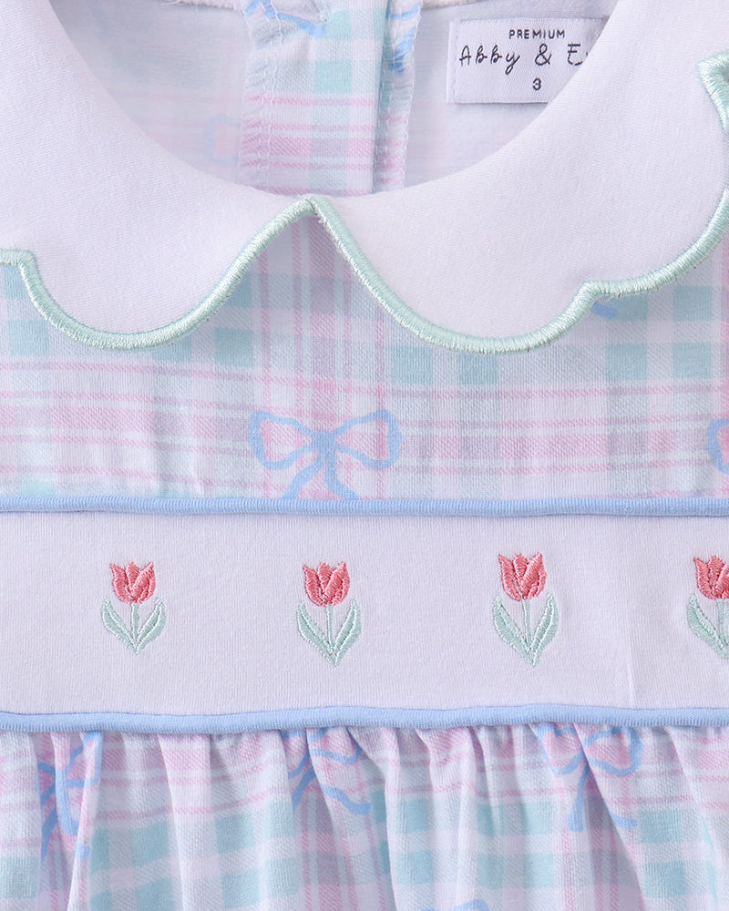 Blue Plaid Bow Floral Dress