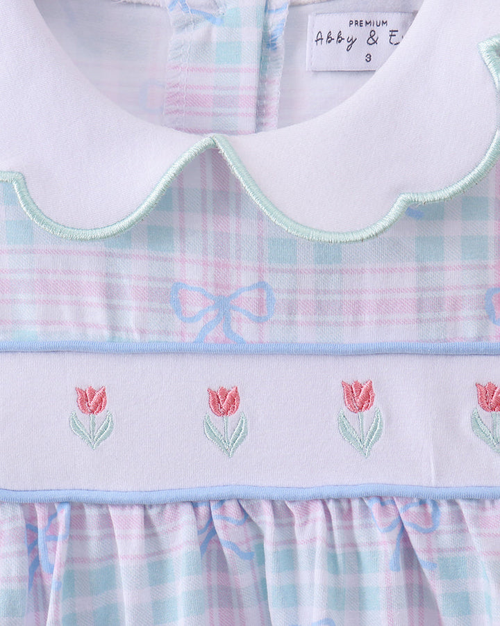 Blue Plaid Bow Floral Dress