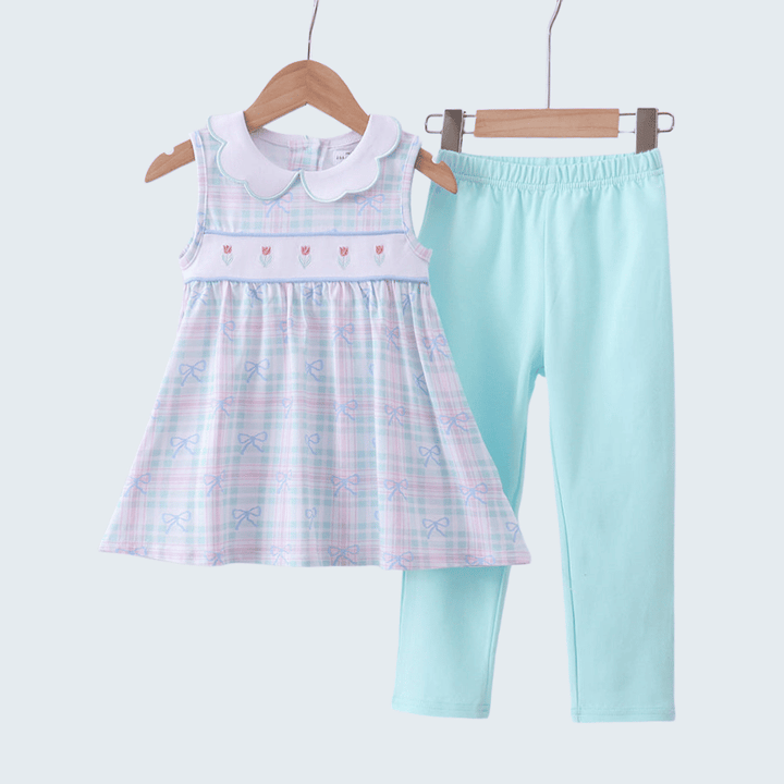 Blue Plaid Bow Floral Pants Set