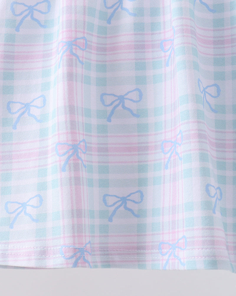 Blue Plaid Bow Floral Pants Set
