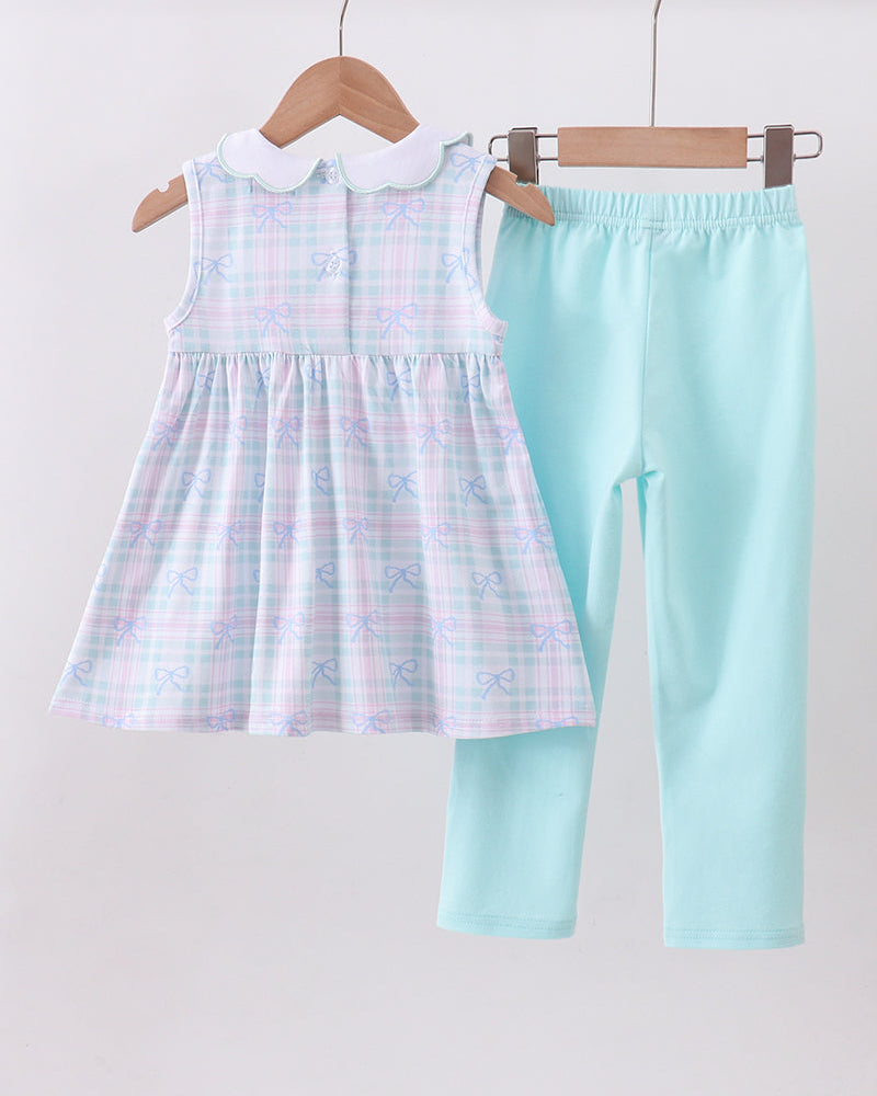 Blue Plaid Bow Floral Pants Set