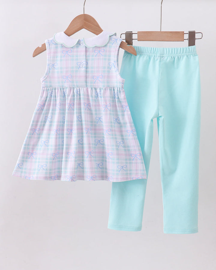 Blue Plaid Bow Floral Pants Set