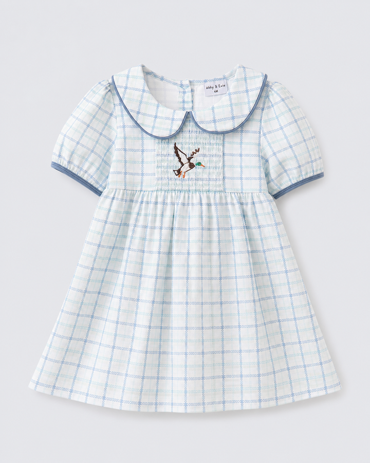 Blue Plaid Duck Embroidered Dress