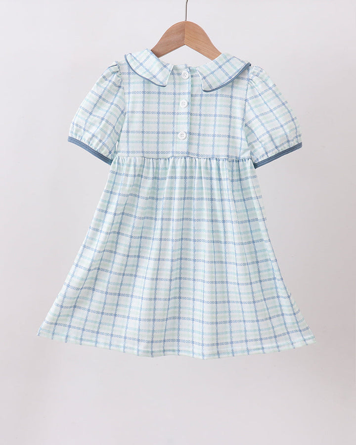 Green and white checkered dress on a hanger against a plain background