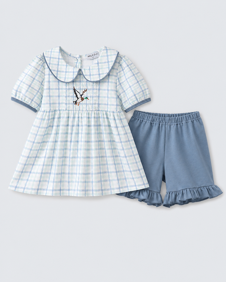 Blue Plaid Duck Smocked Ruffle Shorts Set