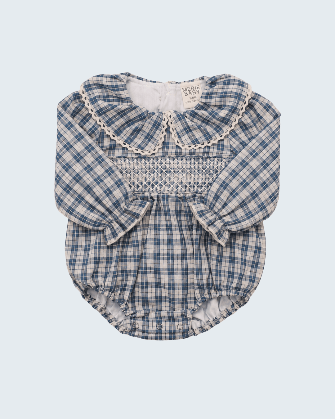 Blue plaid ruffle-collar bubble romper with smocked yoke and gathered cuffs