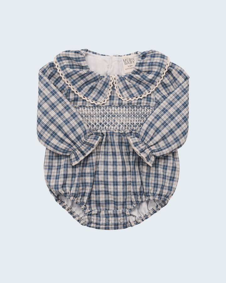 Blue plaid ruffle-collar bubble romper with smocked yoke and gathered cuffs
