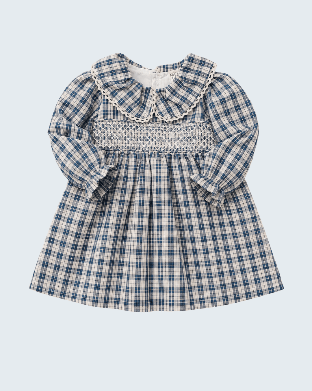 Blue plaid ruffle-collar dress with smocked yoke and gathered skirt, bow cuffs