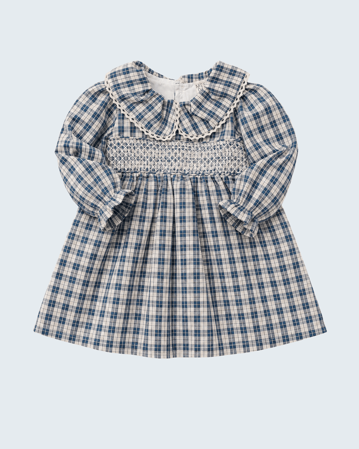 Blue plaid ruffle-collar dress with smocked yoke and gathered skirt, bow cuffs