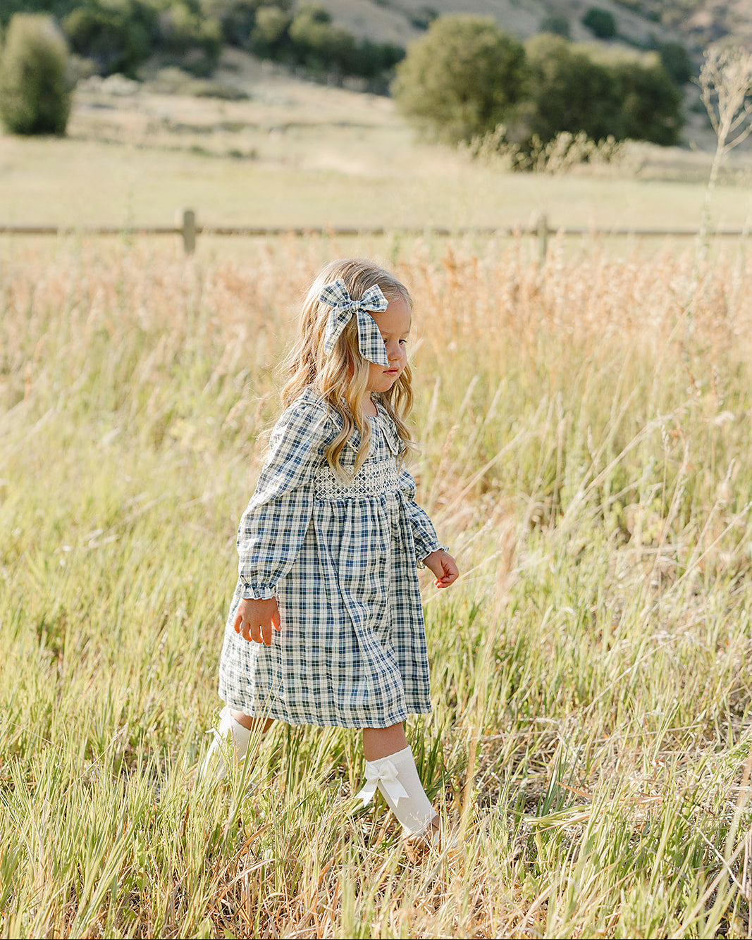 Kids blue plaid dress with ruffle collar, long sleeves, and smocked bodice