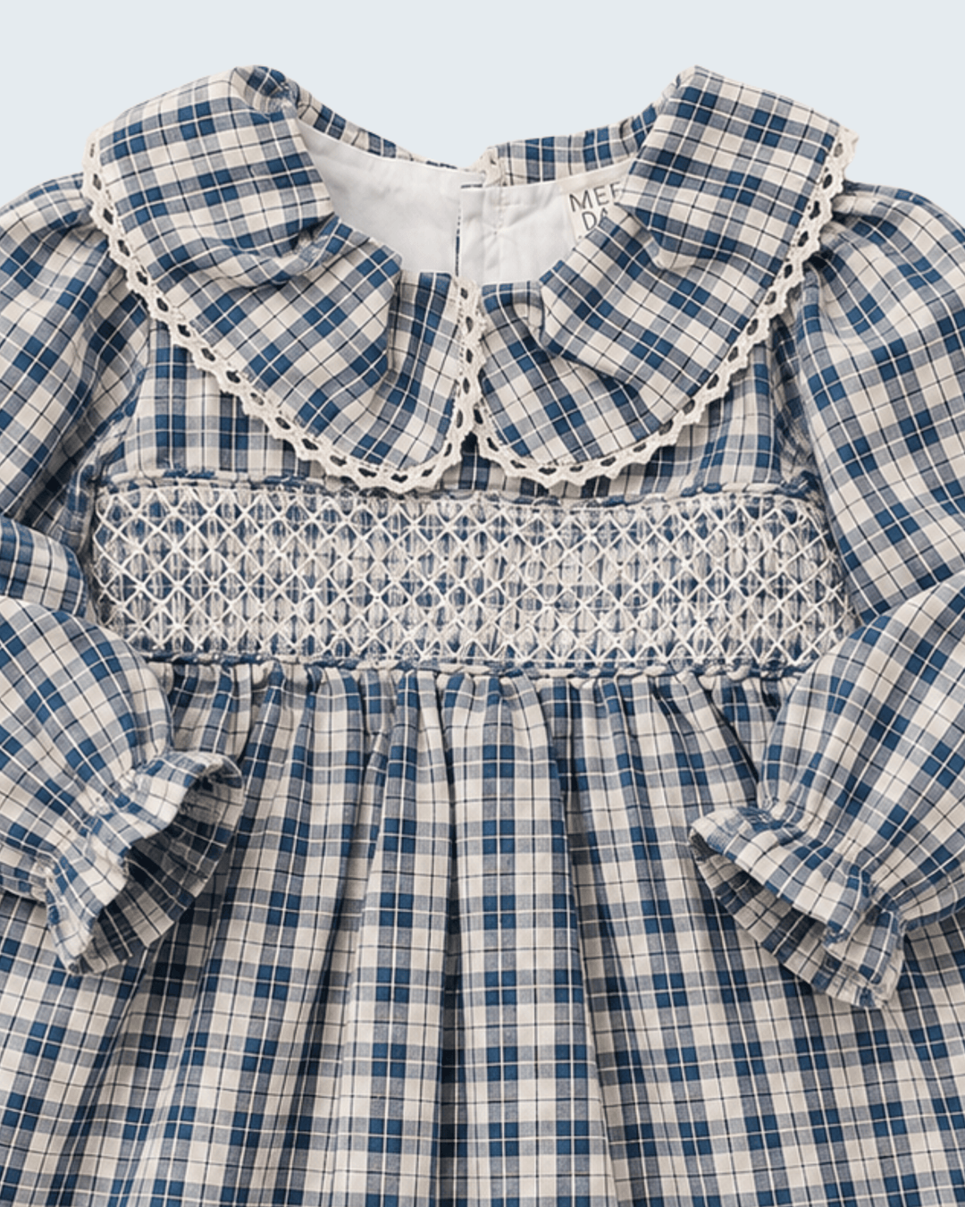 Blue plaid ruffle-collar dress with smocked bodice and bow cuff puff sleeves